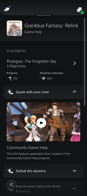 Captura de tela do PlayStation App mostrando a Ajuda do Jogo da Comunidade para Granblue Fantasy: Relink