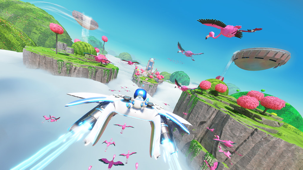 This image shows Astro riding his Dual Speeder above the clouds. A flock of pink flamingos fly around him. Poking through the clouds in the distance are mountainous outcrops with green grass and pink trees at their top.