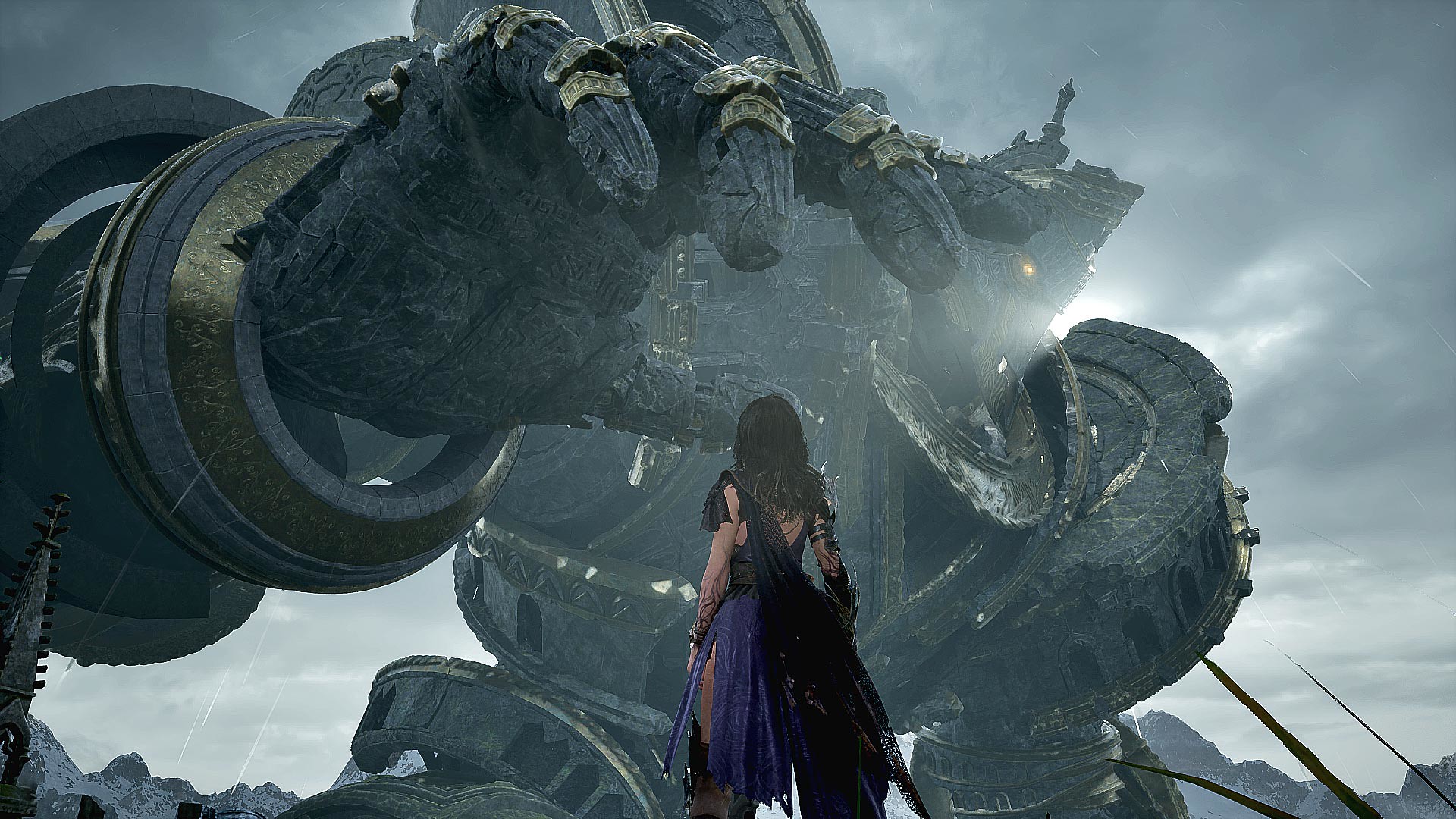 Gwendolyn looks upwards as a colossal knight passes, its outstretched hand dwarfing the protagonist.