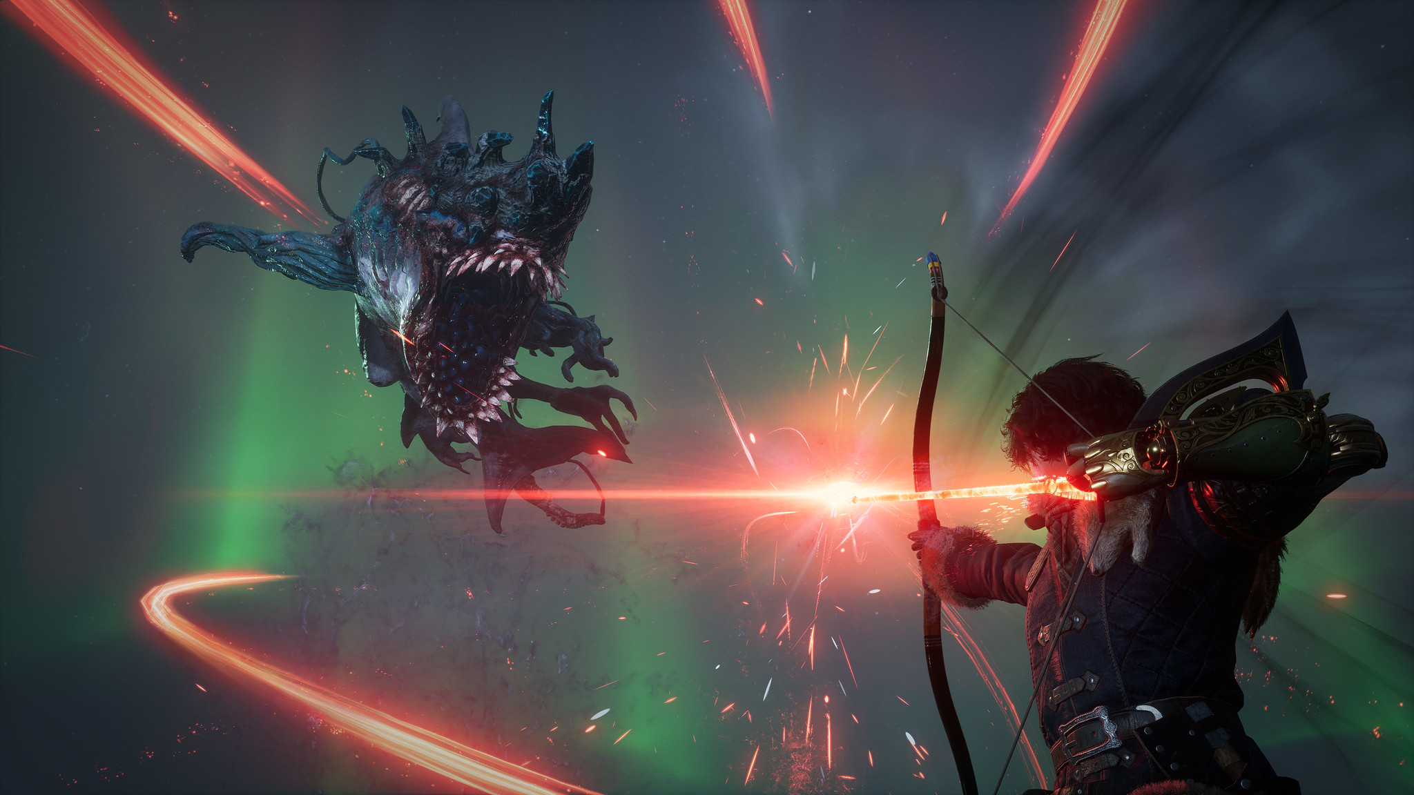 The protagonist nocks a bow, aiming at a monster hurtling through the sky air towards them.  The arrow nocked glows with a red energy.