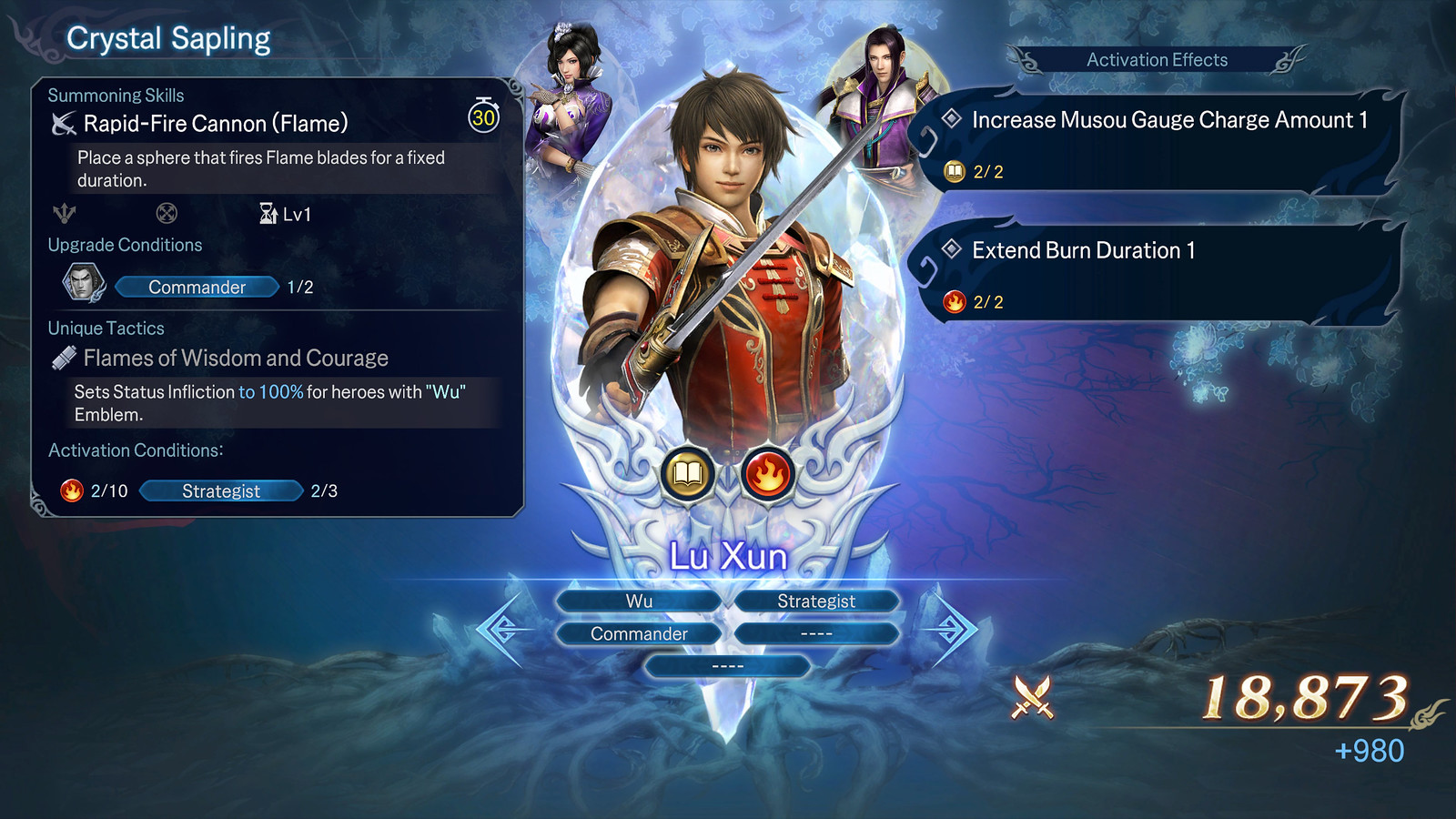 A character menu for Lu Sun details his abilities and stats, including Summoning Skills, Unique Tactics and Upgrade Conditions. 