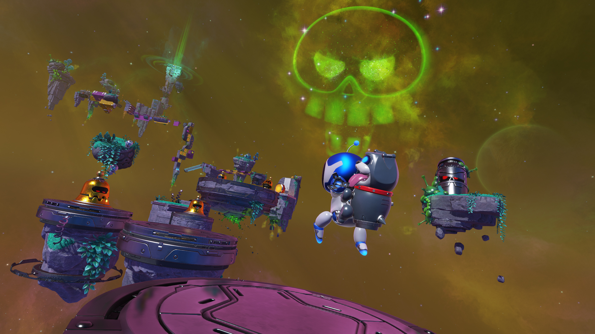 Astro Bot, with Barkster the Bulldog strapped to his back, leaps across floating platforms in a space-set level. Hovering above the action is a huge, glowing green skull.