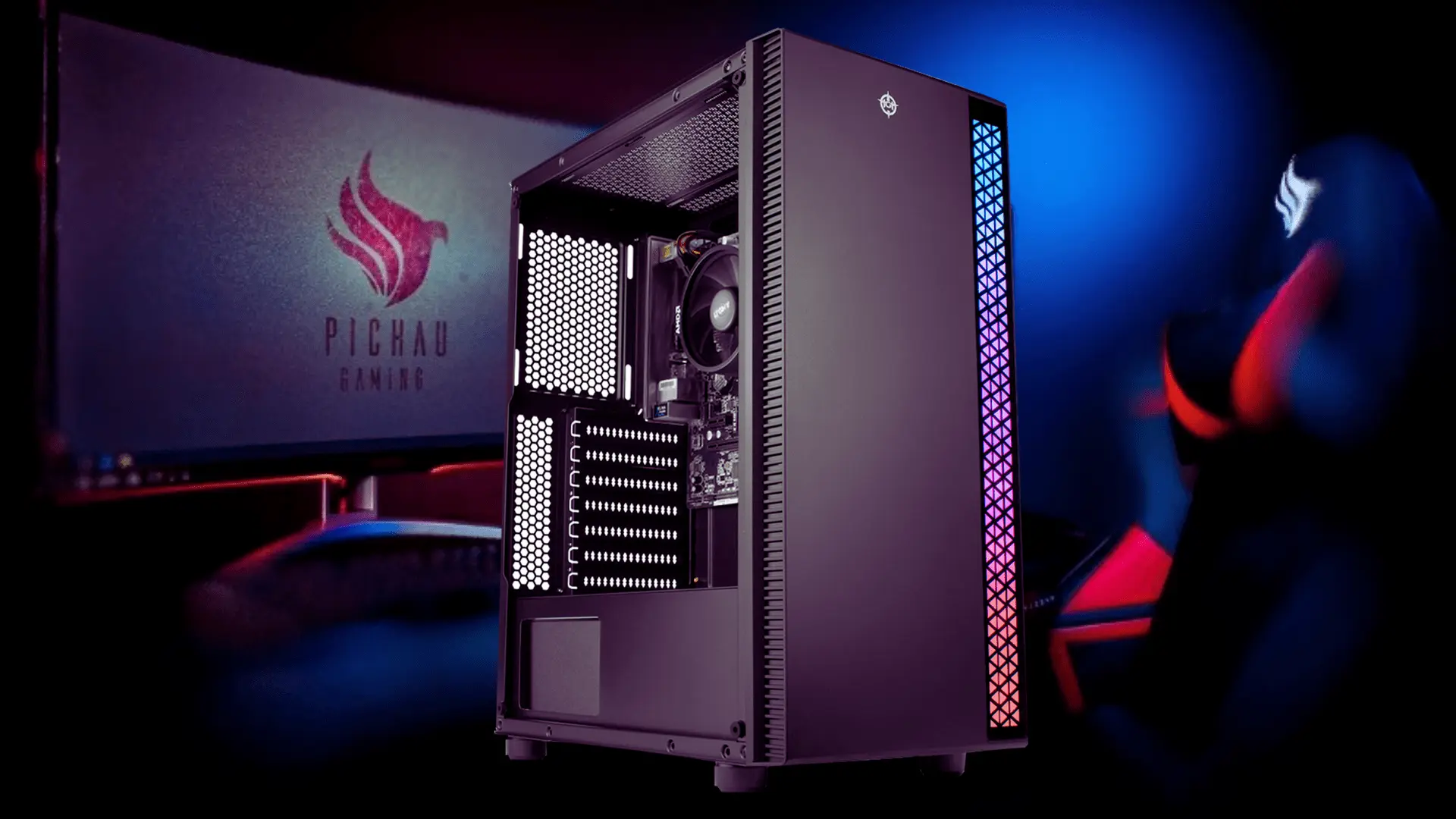 PC gamer Pichau com gabinete preto, iluminação RGB e monitor em setup gamer.