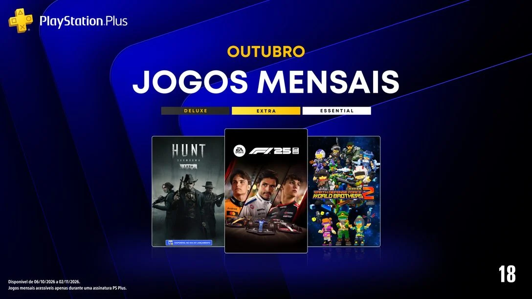 Banner oficial dos jogos mensais PlayStation Plus de outubro de 2026: Hunt Showdown 1896, F1 25 e Earth Defense Force World Brothers 2