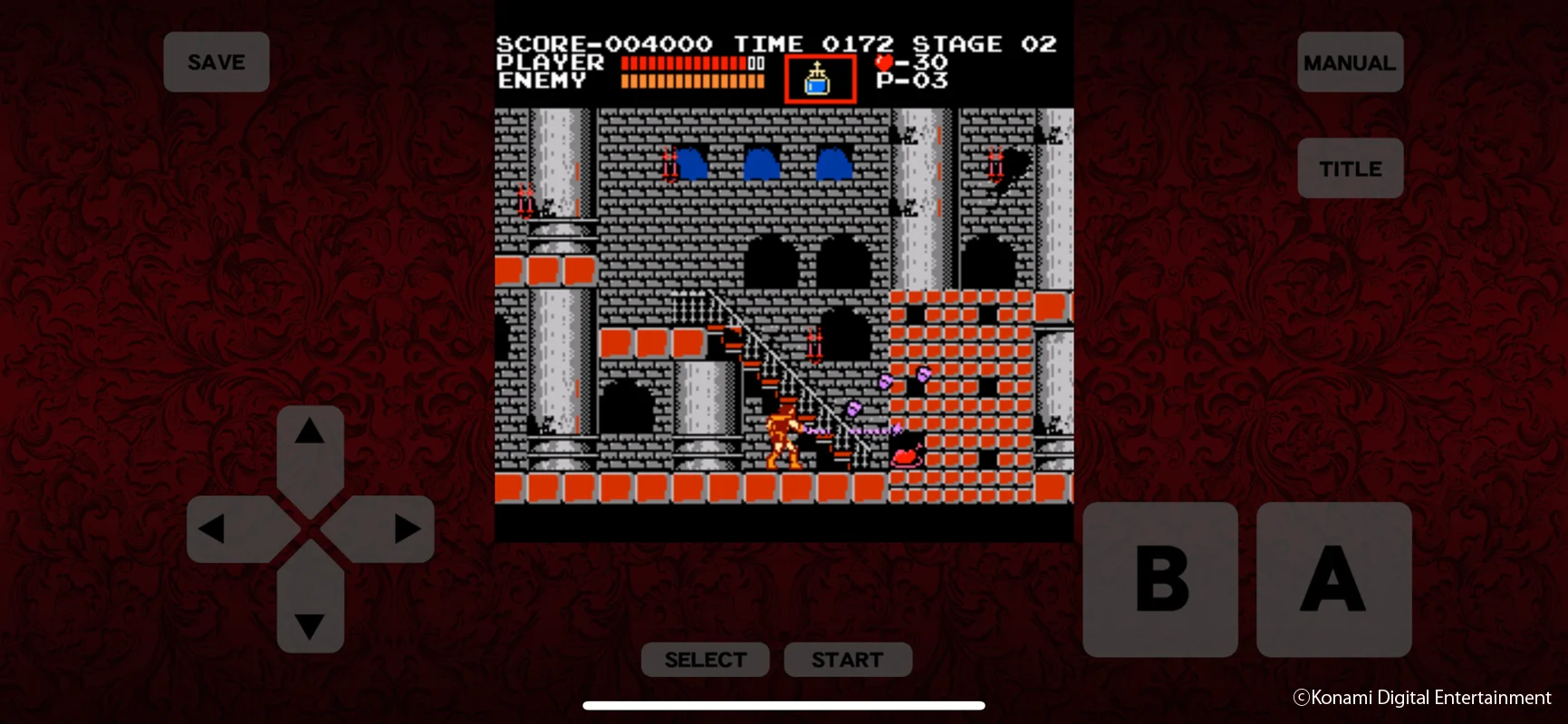 Castlevania clássico em execução no celular com comandos virtuais e cenário de castelo