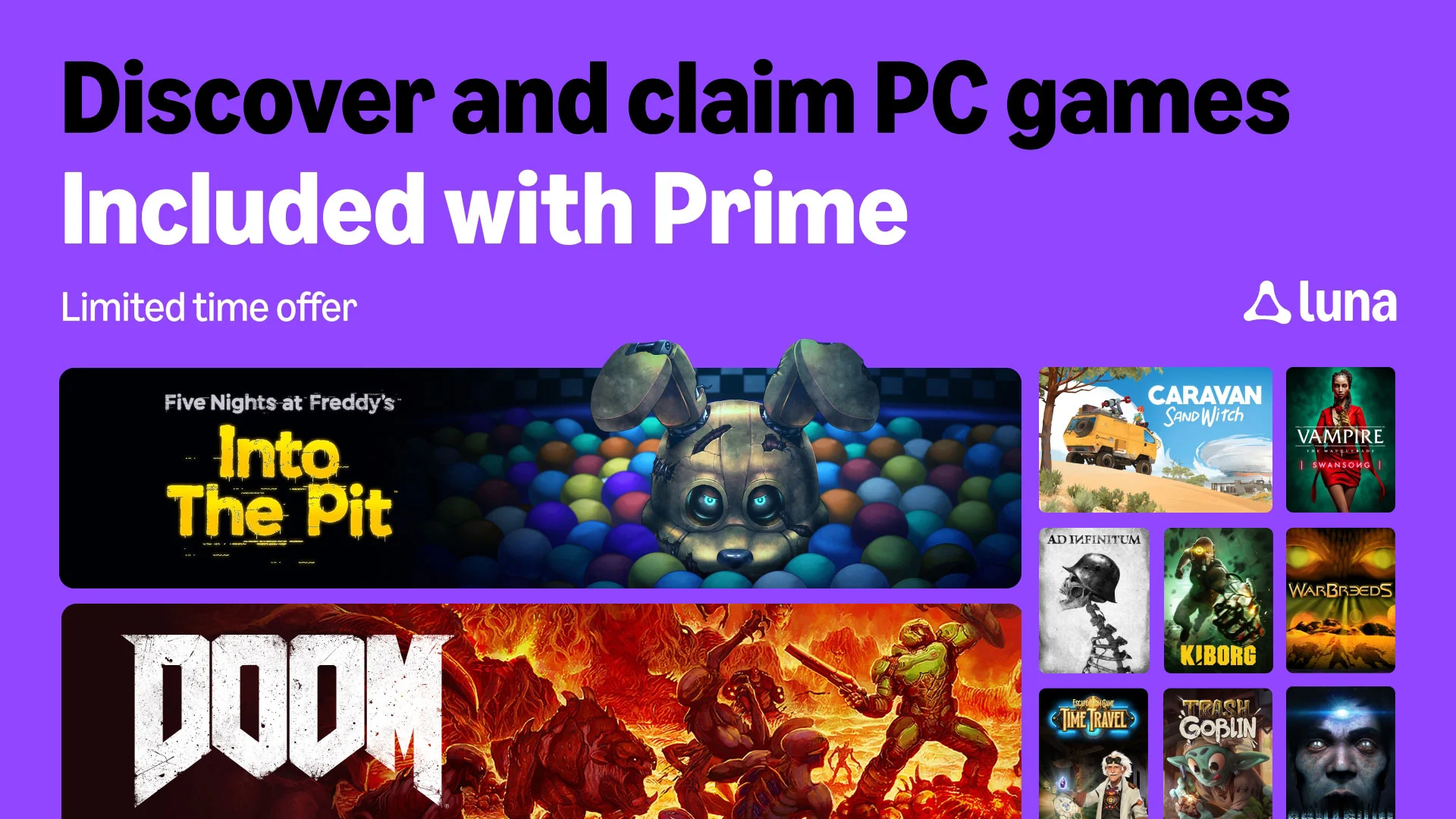 Arte oficial da Amazon Luna com os jogos do Prime de outubro de 2026, incluindo DOOM, Five Nights at Freddy's e Caravan SandWitch
