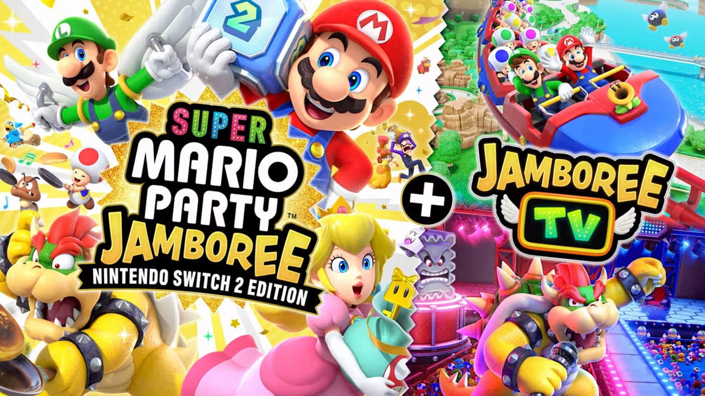 15 Jogos Imperdíveis para Co-op Local no Nintendo Switch 2 Arte de Super Mario Party Jamboree Nintendo Switch 2 Edition com Jamboree TV e personagens da série