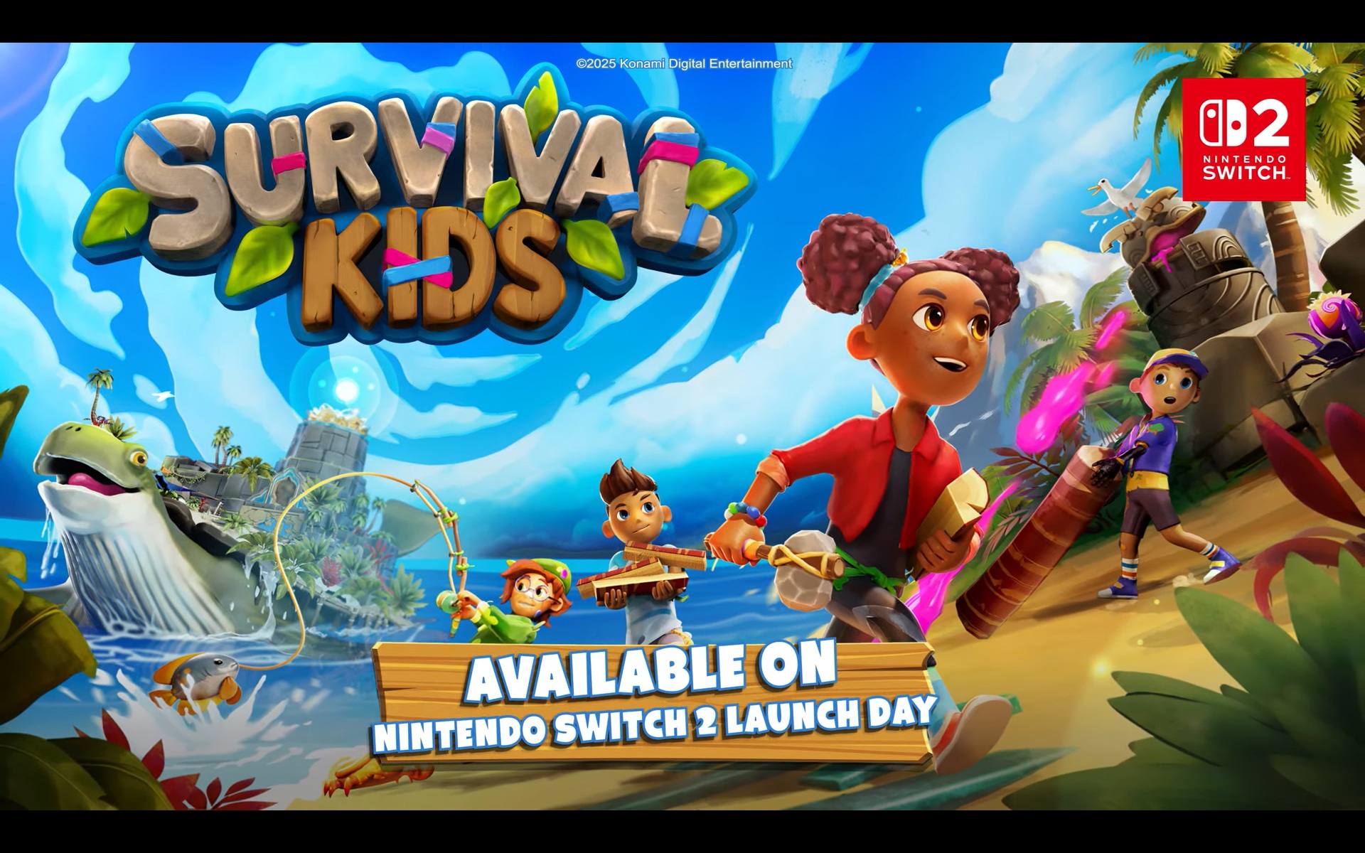 15 Jogos Imperdíveis para Co-op Local no Nintendo Switch 2 Arte de Survival Kids com crianças em uma ilha, exclusivo do Nintendo Switch 2